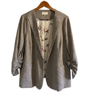 Skies are Blue Blazer Women's Size 1X Gray Glen Plaid Open Front Ruched Sleeve